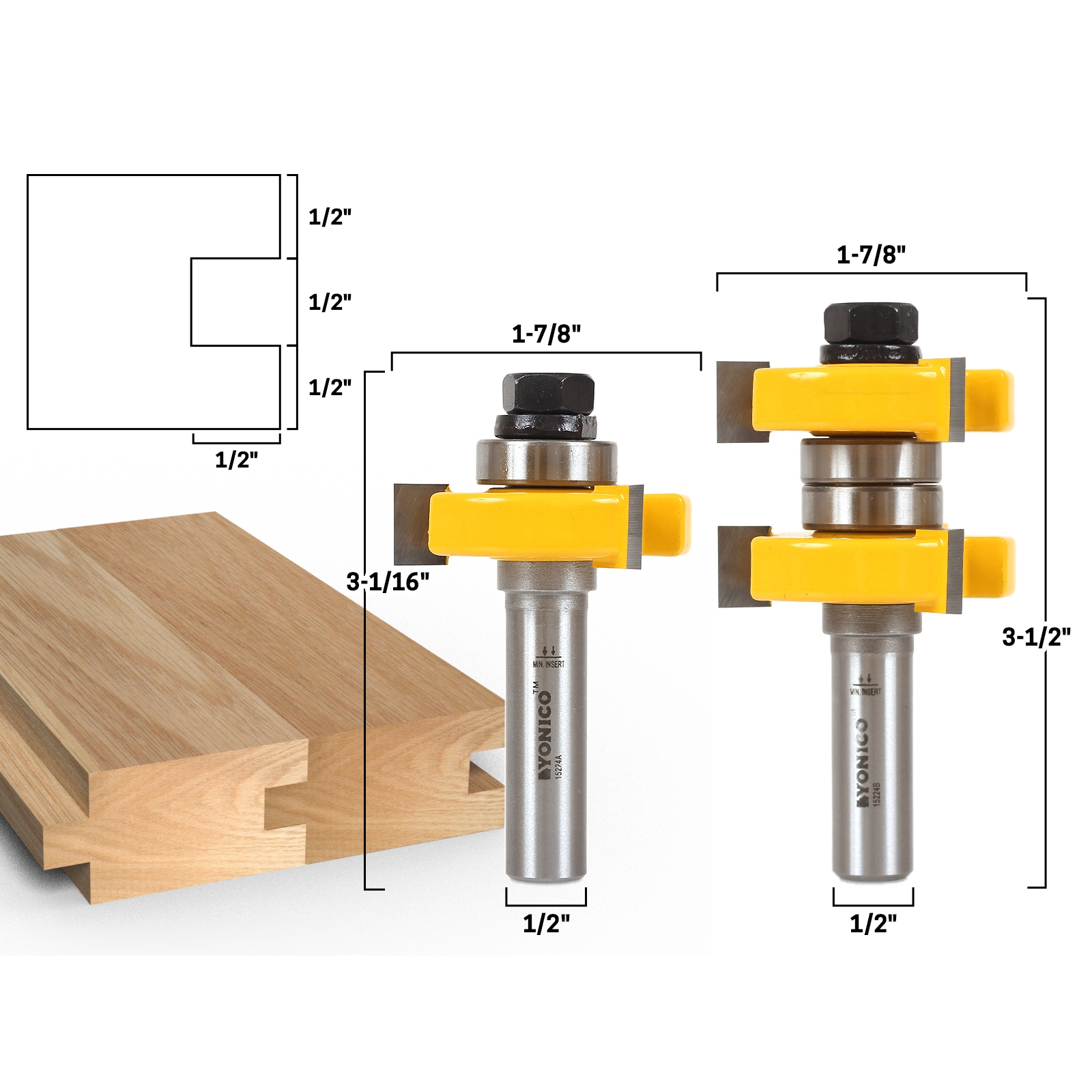 Tongue & Groove Router Bits - 1-1/2 Stock - 1/2 Shank - Yonico 15224